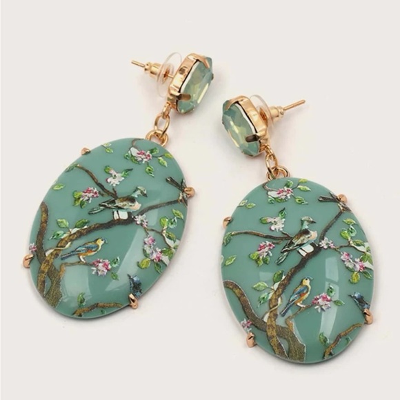ASIAN TURQUOISE DROP EARRINGS WITH PAINTED BIRD AND FLOWER THEME - Picture 2 of 6